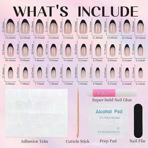 Black French Tip Press On Nails, Short Almond Medium Fake Nails with Nail Glue, Reusable Soft Gel Stick On Nails for Women Girls Gift, 30PC Elegant Glue On Nails Kit thumbnail 4