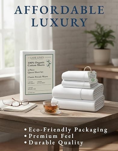 LANE LINEN Eco Friendly 100% Organic Cotton Queen Sheet Set, Soft & Comfy Fully Elasticized 15" Deep Pocket Bed Sheets, Low Pill Naturally Cooling Machine Wash Sábanas Queen- White Bed Sheets thumbnail 7
