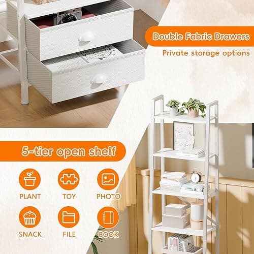 Furologee 5-Tier Ladder Shelf with 2 Drawers,Narrow Bookshelf Storage Shelves,Industrial Bookcase Freestanding Rack Units for Bedroom,Living Room,Bathroom,Home Office,Balcony,Wood Metal, White thumbnail 6