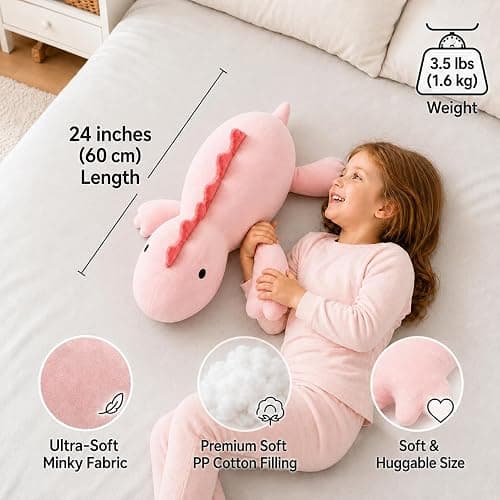 PopMeme 3.5 lb Weighted Stuffed Animal, 24-Inch Pink Dinosaur Plush | Ultra-soft minky fabric with PP cotton and weighted bead filling for a cuddly feel during reading, quiet time and gifting. thumbnail 3