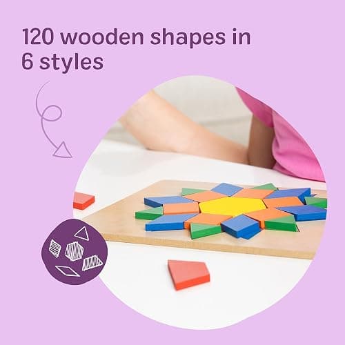 Melissa & Doug Pattern Blocks and Boards with 120 Multi-Colored Wooden Shape Tiles, 5 Double-Sided Puzzle Boards, Tangram Puzzles, Montessori Toys for Girls & Boys thumbnail 7