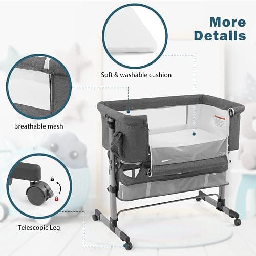 Baby Crib,3 in 1 Bedside Crib Adjustable Portable Bed for Infant,Baby Bassinet Baby Newborn Must Have Bed,Grey - Bedside Crib-grey thumbnail 8