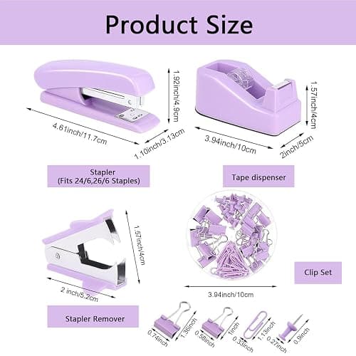 suniya Office Supplies,Desk Accessories,Tape Holder,Stapler,Scissor,Staple Remover,Box of Binder Clips,Staples,Ballpoint Pen,Lndex Tabs,Clear Tape,Office Supplies Set(Purple) thumbnail 3
