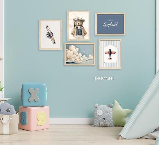 Vintage Baby Boy Nursery Wall Art Retro Airplane Travel Kids Room Canvas Wall Decor Teddy Bear Pictures Navy Blue Aviation Posters Cloudy Sky Painting Print Artwork for Boy Room Playroom, Unframed thumbnail 9