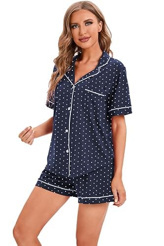 LUBOT 100% Cotton Pajamas for Women 2 Piece PJ Set Button-Down Soft Knit Short Sleeve Summer Sleepwear Loungewear XS-XXL thumbnail 3