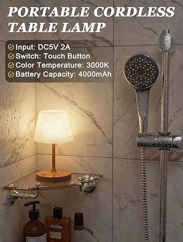 Kakanuo Cordless Shower Lamp Waterproof, Cordless Lamp with 4000mAh Battery, Rechargeable Table Lamp, Touch Dimmable Desk Light for Outdoor, Kitchen, Bathroom, Camping, Patio, IP54 thumbnail 5