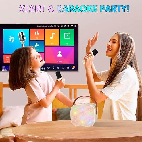 YLL Mini Karaoke Machine with 2 Wireless Microphones for Kids Adults, Portable Bluetooth Speaker Gift for Girls Toys 4, 5, 6, 7, 8, 10, 12+ Years Old Teens Birthday(Beige) thumbnail 6