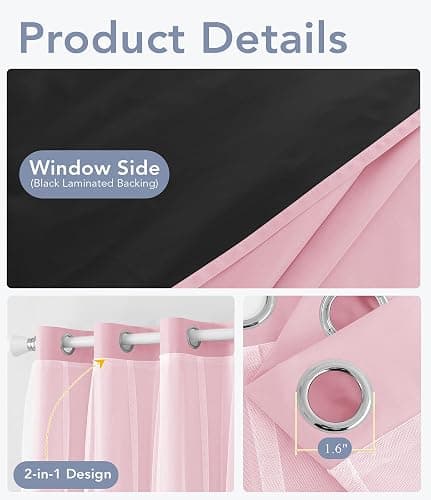 TopNaps 100% Blackout Curtains with Sheer Overlay, 2 Panels Thermal Insulated Double Layer Grommet Drapes for Girls Bedroom Living Room Darkening Apartment Windows Decor, 52" W x 84" L, Pink thumbnail 4