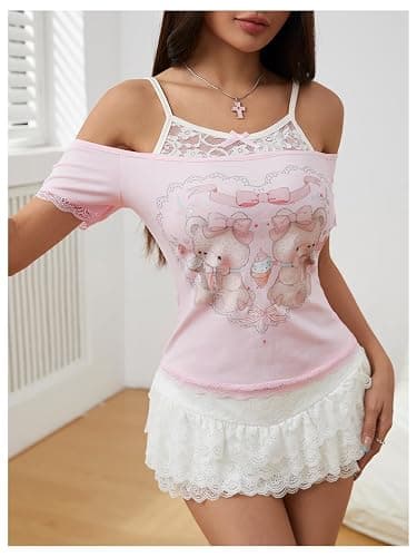 SOLY HUX Women's Y2K Coquette Aesthetic Crop Tops Summer Kawaii Clothes Cute Lace Bow Cold Shoulder Graphic Tees thumbnail 4