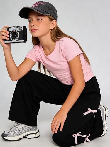 Kxuryueo Tween Girls Clothes Short Sleeve Tops and Bowknot Wide Leg Sweatpants Casual Trendy Outfit for Teen Size 7-14 thumbnail 4