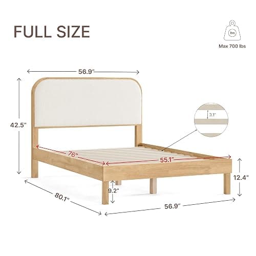 KISLOT Wood Bed Frame with Upholstered Headboard, Mid-Century Boucle Fabric Platform Modern Bed Mattress Foundation Noise-Free No Box Spring Needed Easy Assembly thumbnail 2