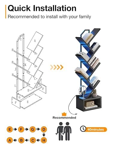 Coleshome Tree Bookshelf, 6-Tier Floor Standing Bookcase, Bookcases suitable for bedrooms and living rooms, Wooden bookshelves suitable for bedrooms and living rooms, Black thumbnail 7