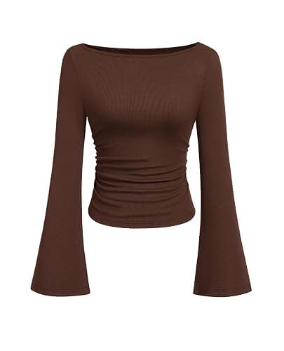 Women's Long Sleeve Shirts 2025 Fall Crop Going Out Tops Casual Boat Neck Bell Sleeve Ribbed Ruched Y2K Clothes - Image 1