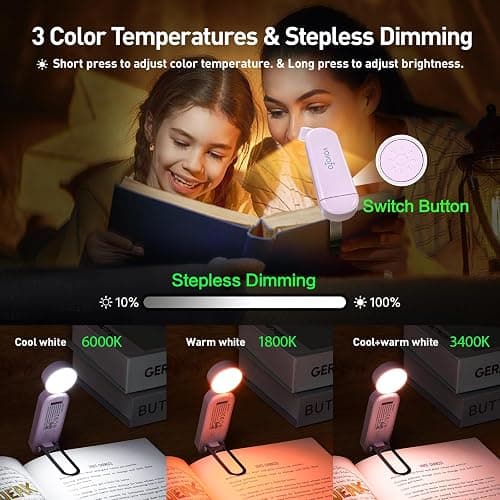 VAVOFO USB Rechargeable Book Light, Blue Light Blocking, Amber Light Clip On Bookmark Shaped Reading Light, Eye Care 6 LEDs Book Light for Bookworms Reading in Bed with 9 Lighting Modes (Pink Purple) thumbnail 4