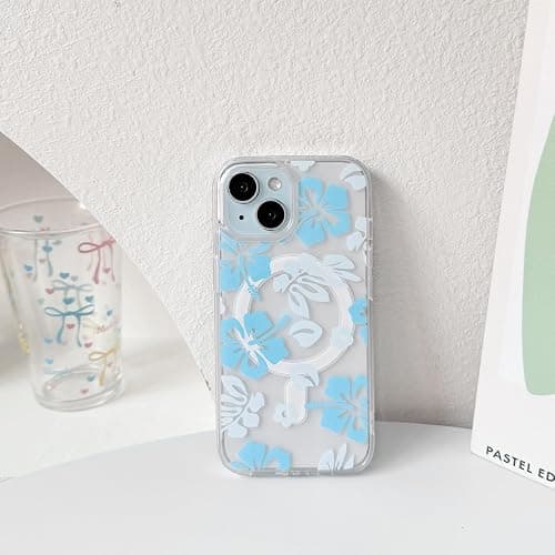 NITITOP Compatible with iPhone 15 Case Clear Magnetic Compatible with MagSafe Cute Hibiscus Flowers Floral for Women Girls Floral Hard PC Back Shockproof Protective Phone Cover - Blue thumbnail 7