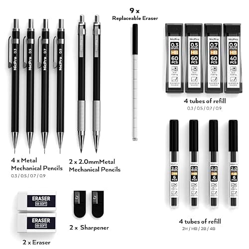 Nicpro 6 PCS Art Mechanical Pencil Set, Black Metal Drafting Pencil 0.3, 0.5, 0.7, 0.9 mm & 2PCS 2mm Graphite Lead Holder(4B 2B HB 2H) For Writing Sketching Drawing With 8 Lead Refills Eraser Case thumbnail 6