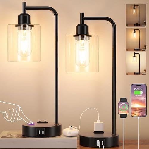 Industrial Touch Table Lamps for Bedrooms Set of 2 - 3-Way Dimmable Nightstand Lamps with USB C+A Ports and Outlet, Black Bedside Lamps with Glass Shade for Living Room, Desk Lamps for Home Office - Image 1