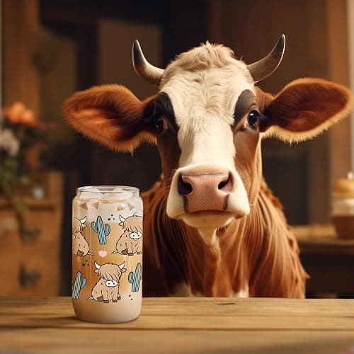 LEADO Highland Cow Cup, Cute Coffee Mug, 16 oz Glass Cups with Lids and Straws - Highland Cow Gifts for Women, Girls, Mom - Christmas, Birthday Gifts for Coffee Lovers Women, Cowgirls, Cute Stuff thumbnail 5