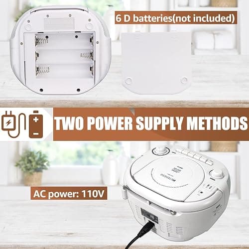 Retekess TR621 CD and Cassette Player Combo, Boombox CD Player for Home, AM/FM, Tape Recording, TF/USB Drive, AC or D Battery Powered, Headphone Jack, Stereo Sound (White) thumbnail 8