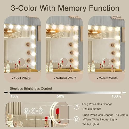 Ratsamee Gold Hollywood Vanity Mirror with Lights, 15 Dimmable Bulbs, 3 Color Lights,Make Up Lighted Mirror, Aluminum Metal Frame, USB Charging Port（23" x 18"） thumbnail 4
