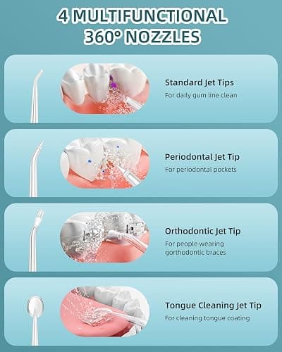 Water Flosser, Water Dental Flosser Pick for Teeth, 300ML IPX7 Waterproof Oral Irrigator, 3 Modes 4 Replaceable Jet Tips, Professional Flossing Cleaning Picks for Home Travel Gums (White) thumbnail 5
