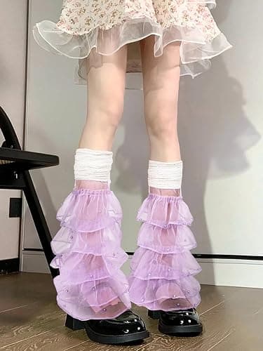 Benefeet Sox Women Lace Leg Warmers with Pearls Girls Cute Mesh Ruffle Thigh Highs Lolita Y2k Fashion Slouch Long Boot Socks thumbnail 6
