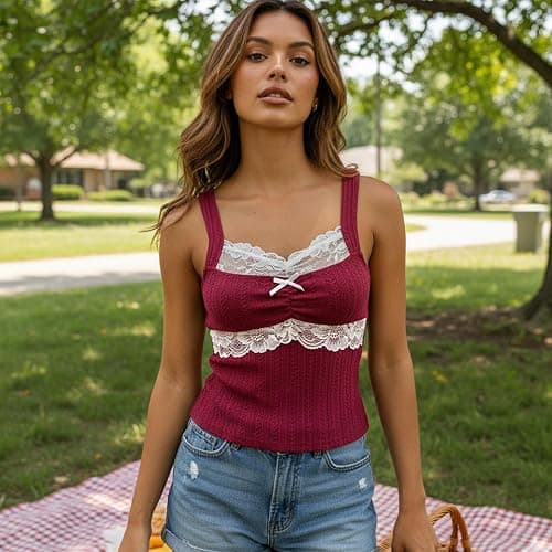 Women Grunge Coquette Tops Y2K Cute Core Vintage Aesthetic Fairy Shirts 2000s Lace Trim Tank Top Downtown Girl Clothes thumbnail 7