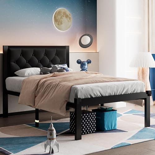 Feonase Twin Size Metal Bed Frame with Faux Leather Button Tufted Headboard, Heavy-Duty Platform Bed Frame with 12" Storage, Steel Slats Support, No Box Spring Needed, Noise Free, Black thumbnail 3