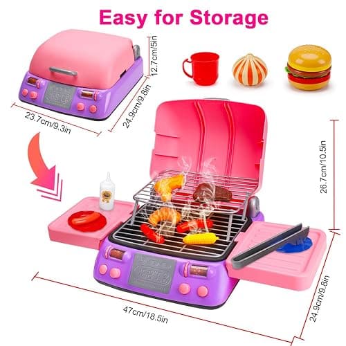 Kids BBQ Grill Playset with Coooking Apron Hat Toddler Girl Pink Kitchen Toy Ages 3-5 4-8 Pretend Smoke Sound Light Outdoor Barbecue Accessories Toy for 3 4 5 Year Old Girl Birthday Gift thumbnail 7