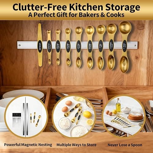 Gold Magnetic Measuring Spoons Set Stainless Steel with Leveler, Dual-Sided Stackable Metal Measuring Spoons for Baking & Cooking, Fits in Spice Jars, Heavy Duty Kitchen Gadgets, 8 Spoons & 1 Leveler thumbnail 9