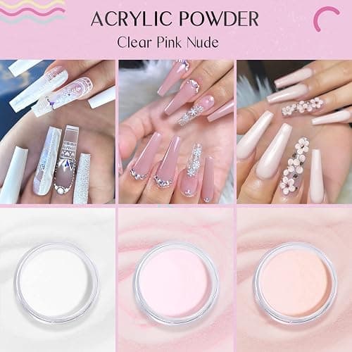 Saviland Acrylic Nail Starter Kit: Clear Pink Nude Acrylic Powder & Liquid, Brush, Files, Forms, Press On Nails, Home Practice Set thumbnail 2