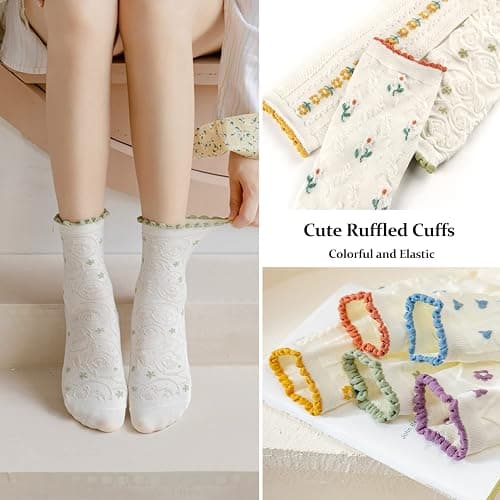 albagu Women's Ruffle Socks, Casual Cotton Cute Novelty Socks, Breathable Crew Socks for Women Girl 5 Pairs thumbnail 5