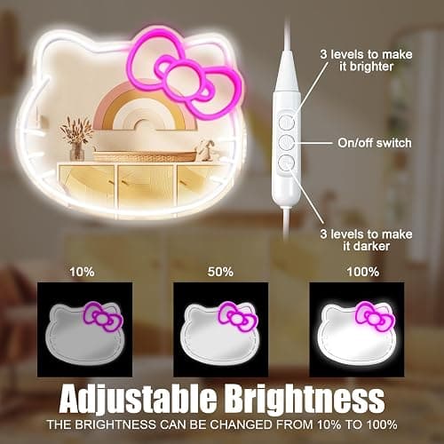 MCJSGSP Anime Hello Kit Cat Neon Sign Mirror L16.1 W14 Vanity Mirror with Lights Bedroom Wall Mirror for Pink Room Decor and a Makeup Mirror with Lights Teen Girl Gifts thumbnail 5