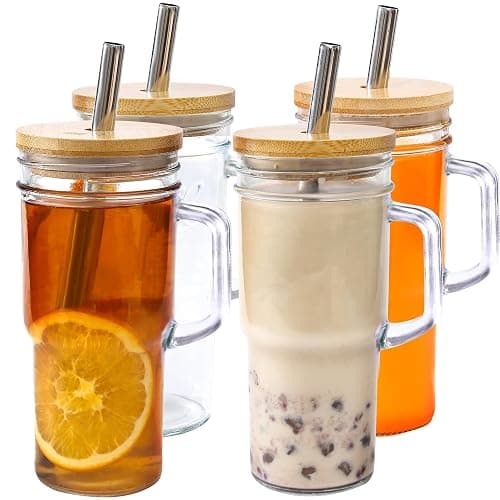 24oz Glass Cups with Lids and Straws - Glass Tumbler cup with bamboo lids and straw iced coffee cup - Image 1