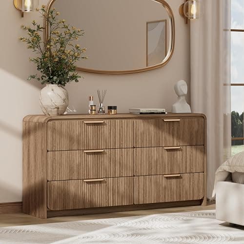 HOTALLOY 47" Wide Fluted 6 Drawer Dresser for Bedroom, Chest of Drawers with Curved Profile Design, Modern Wood Closet Clothes Storage Organizer for Bedroom, Living Room, Hallway, Light Walnut - Image 1