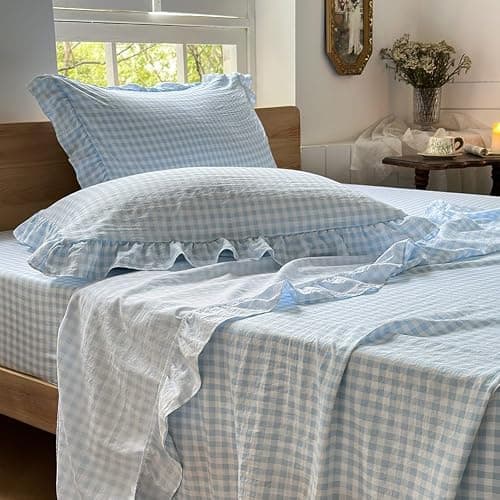 NSNLGSGC Light Blue Gingham Ruffle Queen Sheet Set | Soft Pre-Washed Microfiber, Plaid, 4-Pieces, Farmhouse, Deep Pocket - Image 1