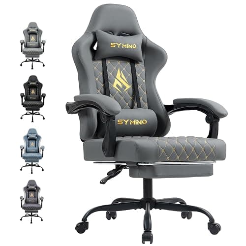 Symino Gaming Chair with Footrest, Computer Ergonomic Video Game Chair, Adjustable Swivel Task Chair with Lumbar Support, PC Chairs, PU Leather Game Chairs for Adults, Grey - Image 1