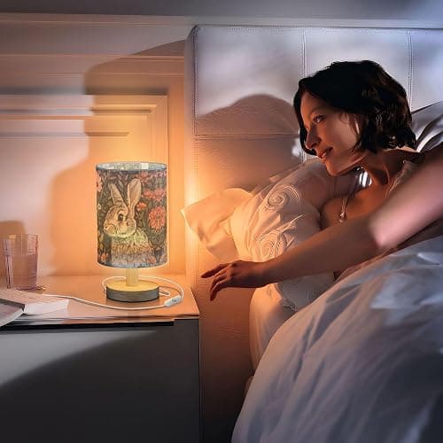 YYZZH Bunny Rabbit Floral Field Table Lamp with Wood Base Fabric Lamp Shade Bedside Desk Lamp for Living Room Bedroom Kids Room Office thumbnail 7