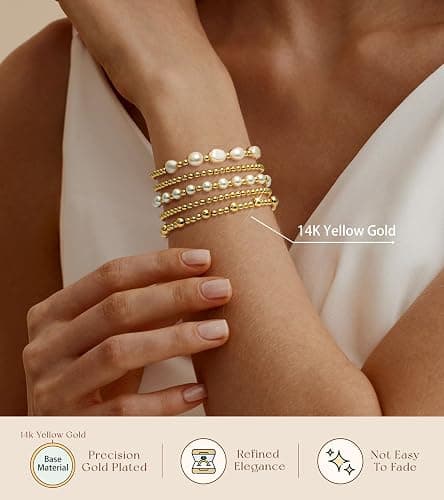 adoyi Gold Bracelets for Women Beaded Bracelet 14K Gold Plated Bracelet Stack Strand Stretch Bead Ball Bracelet Set Stackable Bracelet Adjustable Bracelet Set Jewelry for Gifts thumbnail 5