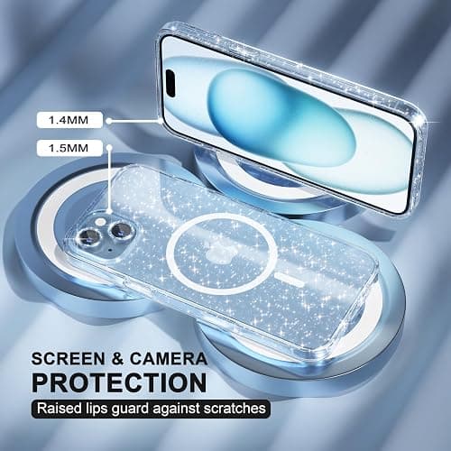 Choiche Compatible for iPhone 15 Case Magnetic, Women Clear Glitter Bling Sparkly Case, [2xDiamond Camera Lens Protectors] [2xTempered Glass Screen Protectors] [Compatible MagSafe] (Glitter Blue) thumbnail 4