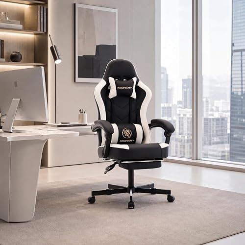 Kslysuty Desk Computer Gaming Chair - High Back Ergonomic Office Chair with Footrest and Lumbar Support, Swivel Comfy Home Gamer Video Game Chairs with Pocket Spring Cushion for Adults (White Leather) thumbnail 8