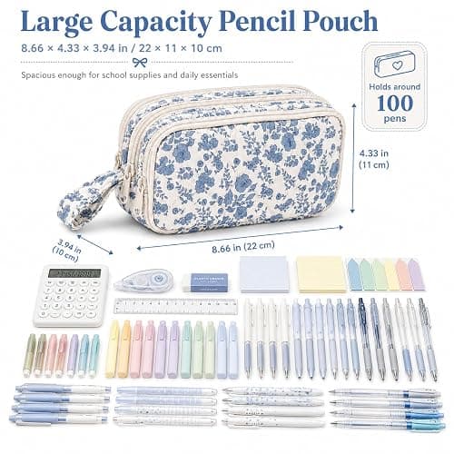 Shirabags Cute Quilted Pencil Case for Girls, 3 Compartment Organizer | Large Capacity Pencil Case,Soft Quilted Floral Design with 3 Zipper Compartments For School Office Travel (Blue Floral) thumbnail 3