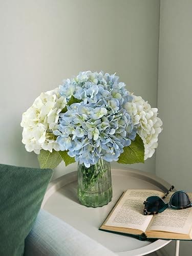 SUMTIPHUN 4 Pcs 20'' Real Touch Hydrangeas 2 White 2 Light Blue Artificial Hydrangeas Flowers Faux Latex Hydrangea for Kitchen Living Room Porch Home Decor Baby Shower Party Wedding Table Centerpiece thumbnail 2