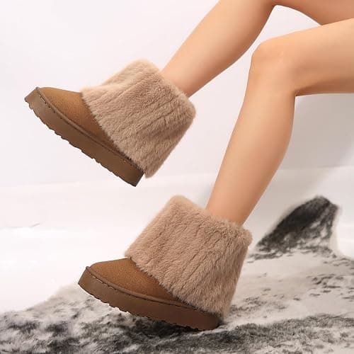 Gezolligheid Women's Faux Fur Mid Calf Snow Boots - Round Toe Suede Warm Fur Lined Platform Flat Comfort Outdoor Winter Fashion Boots thumbnail 4
