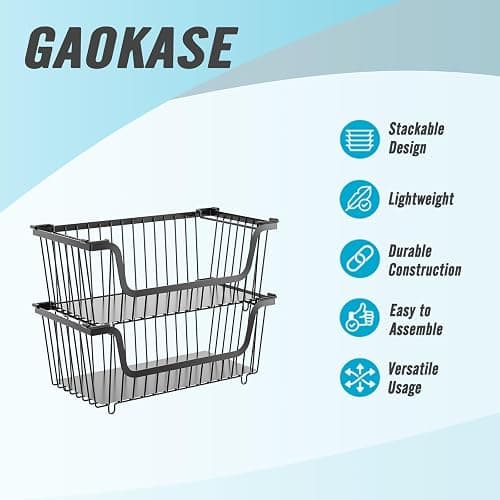 4 Pcs Stackable Wire Baskets Pantry Organizers and Storage Bins,Black | Breathable Metal Design with Rotating Handle,Idea for Potato Onion Fruit Snack Veggie Kitchen Countertop Freezer Organization thumbnail 3