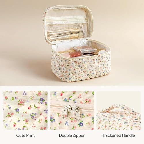 HBselect Quilted Makeup Bag, 3Pcs Cotton Large Travel Makeup Bags Organizer | Cute Floral Make up Bag Cosmetic Bag Toiletry Bag for Women Girls, Makeup Pouch for Skincare, Brushes & Travel Essentials thumbnail 3