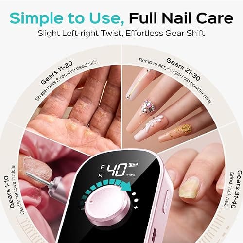 COSLUS E51 Professional Nail Drill Portable Long-Lasting Electric Nail File | Rechargeable, 40000 RPM, Effective for Acrylic Gel Polishing Removing, Easy for Beginner Women, Home DIY & Salon, Pink thumbnail 5