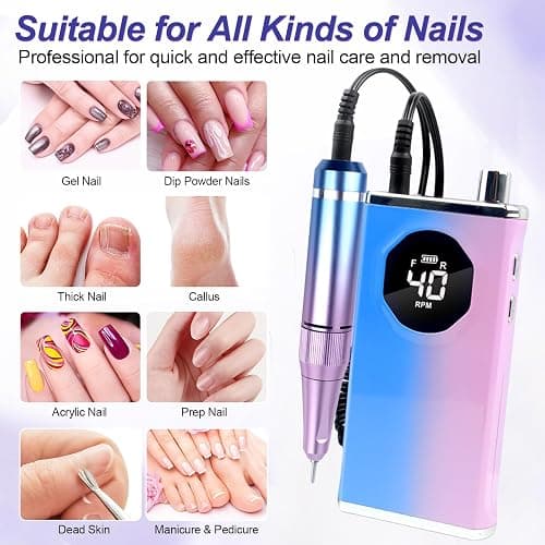 Electric Nail Drill File Professional 40000 RPM, Melodly Rechargeable Electric Nail File Machine Kit for Acrylic Gel Nails Polishing Removing, Portable Cordless Efile with Gold Bits Kit at Salon Home thumbnail 4