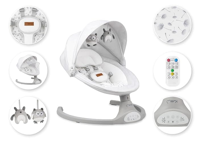 MoMi KENANI Transat balancelle jusqu’à 9 kg, pliable, télécommande et Bluetooth pour smartphone, alimentation piles et secteur, harnais de sécurité 5 points, pare-soleil, moustiquaire thumbnail 31