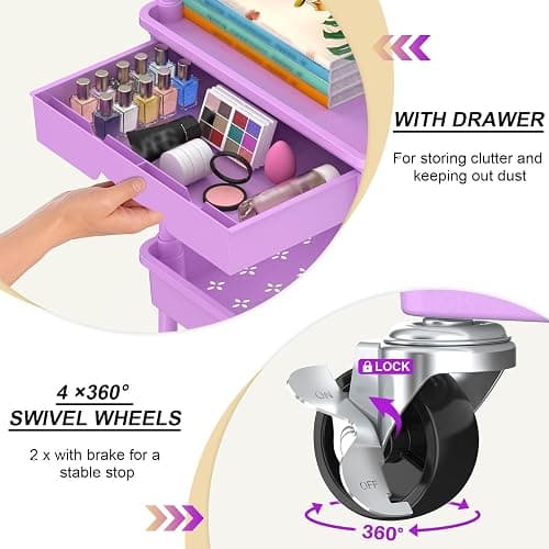 Goovilla 3 Tier Rolling Utility Cart Organizer with Removable Drawer, Stable and Sturdy Purple Rolling Storage Carts with 2 Lockable Wheels for Bathroom, Kitchen, Snack, Craft, Makeup, Baby Essentials thumbnail 3